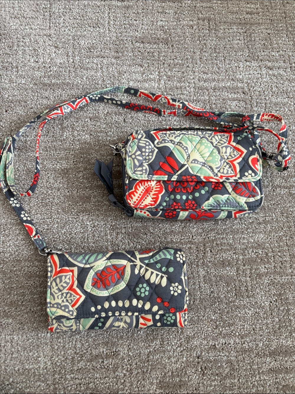 Vera Bradley Quilted Floral Crossbody and Wallet - Navy, Red, Green